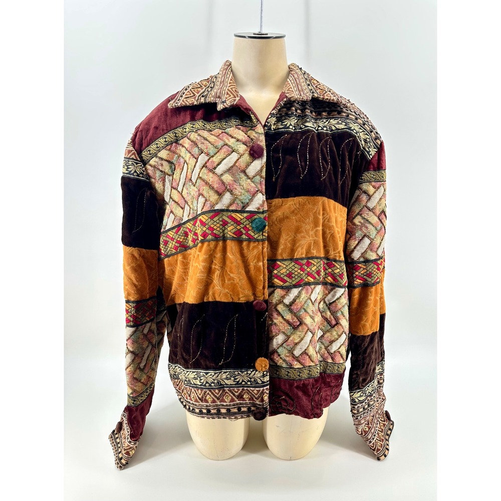 Modi Vintage Patchwork Velvet Beaded Jacket XL Burgundy Brown Boho Eclectic